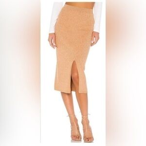 Free People Skyline Front Slit Rib Midi Skirt Stretch Beige